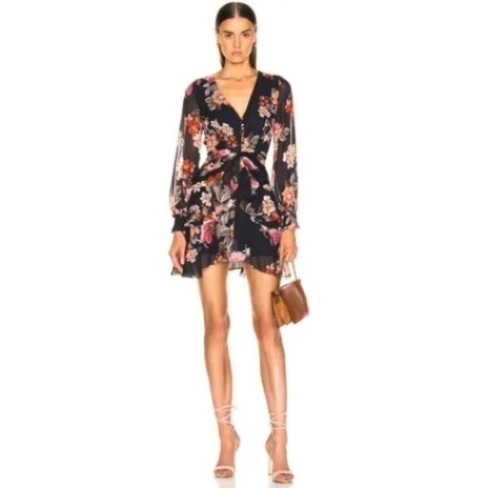 Nicholas Pintuck Floral Button Front Long Sheer Sleeve Ruffle Front Mini Dress